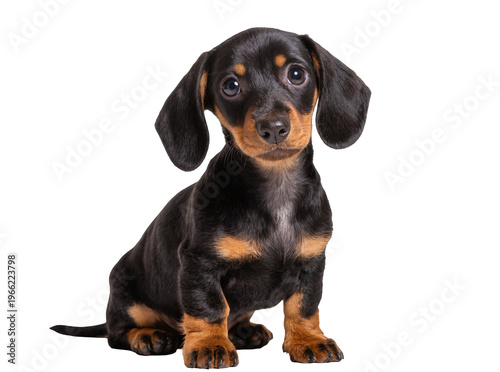 Obraz na płótnie Isolated adorable black and tan dachshund puppy sitting and looking at camera wi