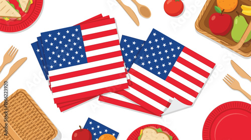 Table setting with American flag themed napkins and picnic baskets suggests a festive outdoor meal.