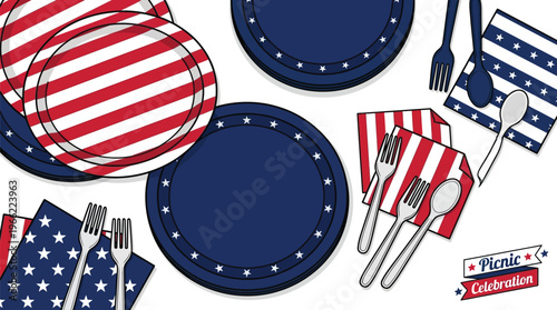 American patriotic themed disposable tableware and picnic accessories are arranged for a festive outdoor celebration.
