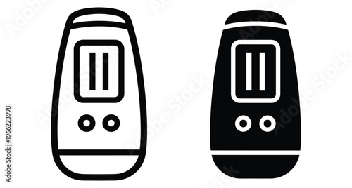 Laser hair removal device icon set showing electronic epilator for skin care treatment and beauty salon equipment in outline and solid style