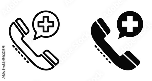 Emergency medical call icon set featuring telephone handset with healthcare cross symbol for doctor consultation ambulance service and hospital hotline support