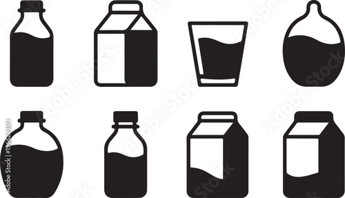 Milk and beverage container icons set with bottles cartons and glass.