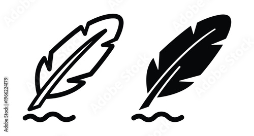 Feather quill pen icon set with outline and solid versions writing on paper surface for literature poetry and creative blogging