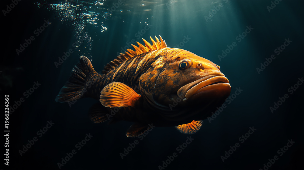 Fototapeta premium A vibrant fish glides gracefully underwater, illuminated by beams of sunlight filtering through the surface.