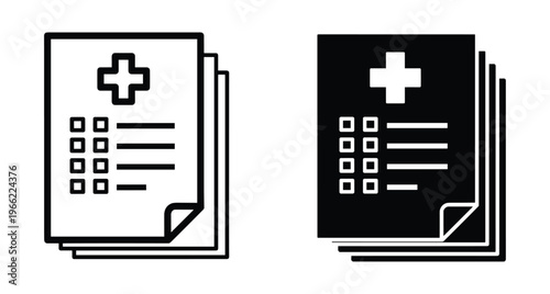 Medical record document icon set featuring health report papers with cross symbol checklist and patient history files for healthcare services