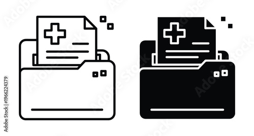 Medical record folder icon set with patient document and health cross symbol for healthcare management and clinical data storage systems