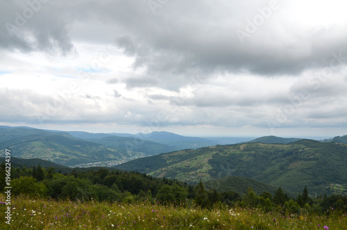 Moody overcast mountain landscape featuring a wildflower meadow in the foreground, rolling green hills and forested valleys stretching to distant blue ridges beneath dramatic cloudy skies. Carpathians