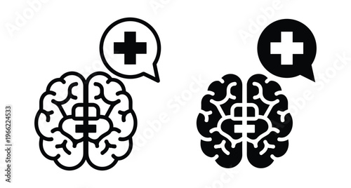 Human brain icon with medical cross in speech bubble representing mental health support psychology neurology healthcare consultation and psychiatric wellness services