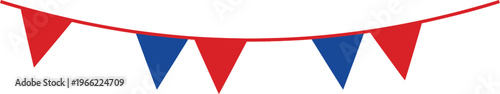 Red and blue triangular bunting flags strung on a white background for festive occasions.