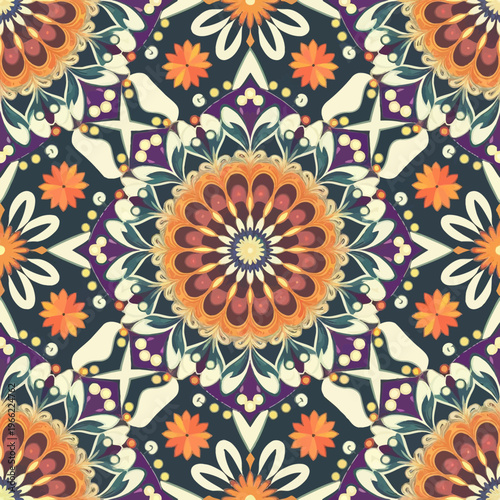 vector illustration hires Collection of High-Resolution Abstract Seamless ornament Patterns with Diverse Designs and Textures Mediterranean Tile Pattern with Colorful Floral Mandalas and Geometric