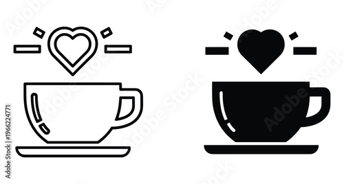 Coffee cup icon set with heart symbol representing love for caffeine morning drink espresso tea mug outline and solid style