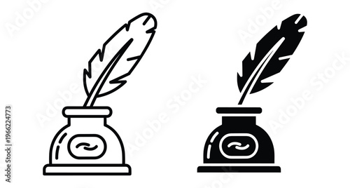 Quill pen and inkwell icon set in outline and solid black styles for vintage writing literature and education design projects