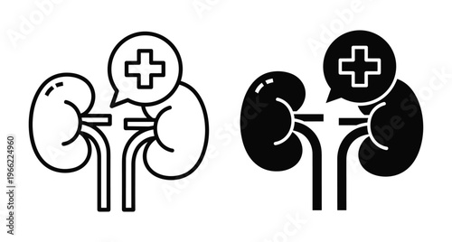 Human kidney organ icon set with medical cross symbol in speech bubble for urology health care and renal system diagnosis