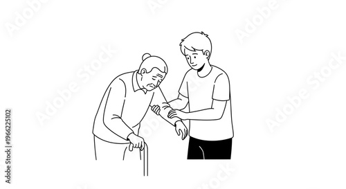 Young person helps elderly person with walking stick.