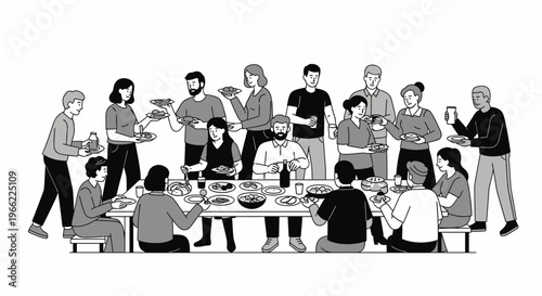 Group of People Enjoying a Meal Together at a Long Table.