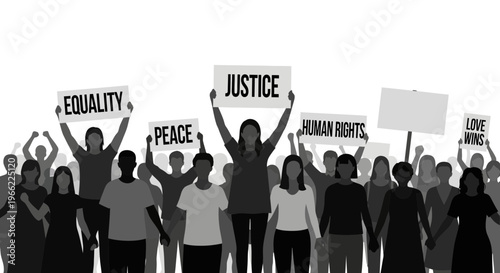 Diverse crowd of people protesting for social justice and human rights.