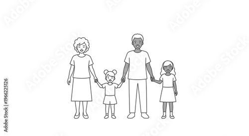 Happy Family Portrait with Parents and Two Children Holding Hands.