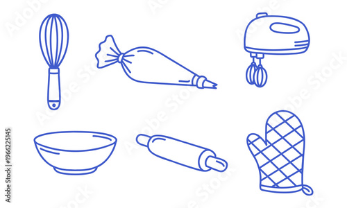 Baking tools v set with whisk, piping bag, hand mixer, bowl, rolling pin and oven mitt. Blue line vector on white background. 