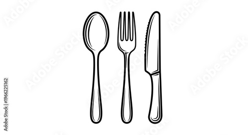 Hand drawn sketch illustration of a spoon fork and knife cutlery set.