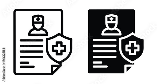 Medical insurance policy document icons featuring doctor avatar and protective shield symbol for healthcare coverage patient records and clinical data
