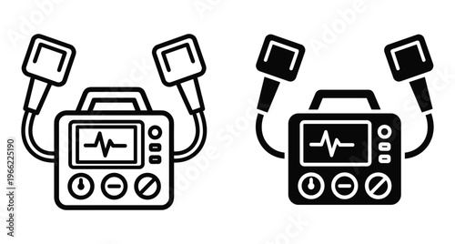Defibrillator medical equipment icon set with heart rate monitor screen and paddles for emergency cardiac resuscitation and first aid care