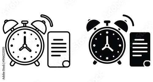Alarm clock and document icon set representing time management deadline schedule planning productivity reminder task list and morning routine organization