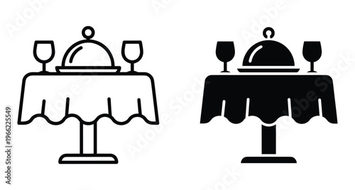 Restaurant table icon set with food cloche and wine glasses for romantic dinner date catering service and fine dining