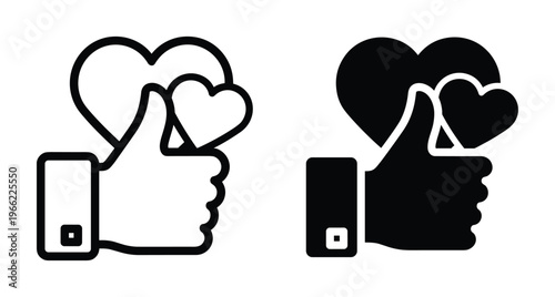 Thumbs up hand gesture with heart shapes representing social media like appreciation love feedback positive reaction and digital engagement icons