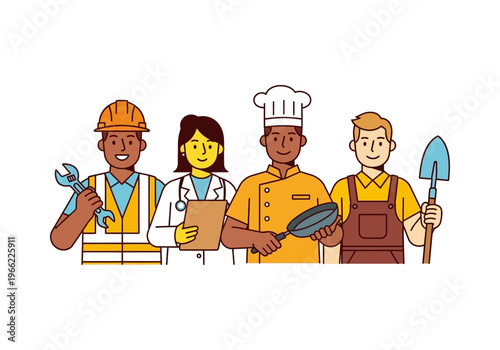 Four diverse people representing different professions like construction, medicine, cooking, and farming, standing together.