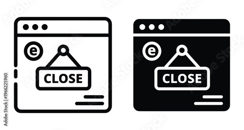 Digital shop closing sign icon set featuring browser window interface for e commerce website maintenance or business shutdown notification graphic