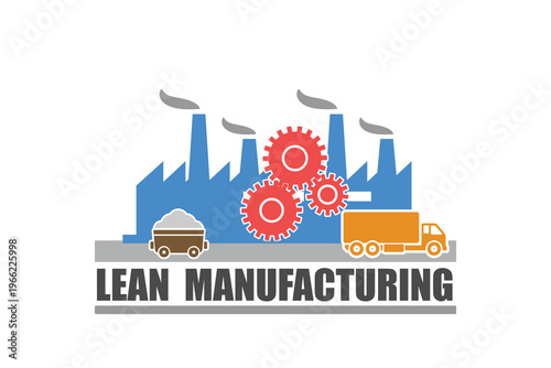Lean manufacturing process with factory, gears, and truck