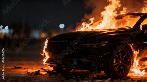 Black modern car on fire at night on the street side.