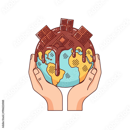 Hands cradling the Earth, covered in melting chocolate and chocolate bars, symbolizing a sweet planet.