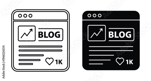 blog post web browser interface icons showing content with growth graph and social media likes for digital marketing and blogging