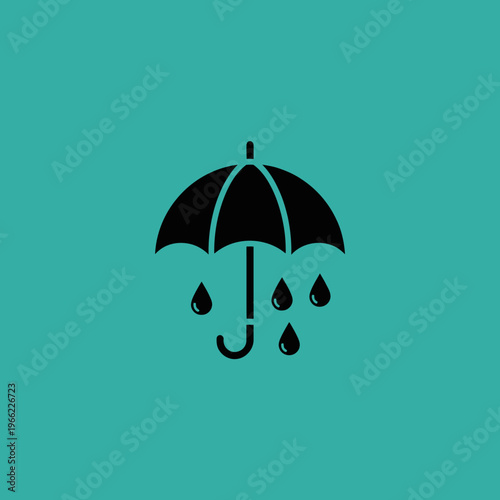 Black umbrella with falling raindrops icon on teal background.