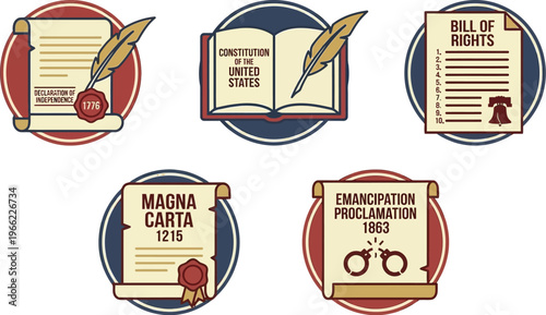 A set of stylized historical document icons features seals, feathers, and thematic emblems on circular backgrounds.