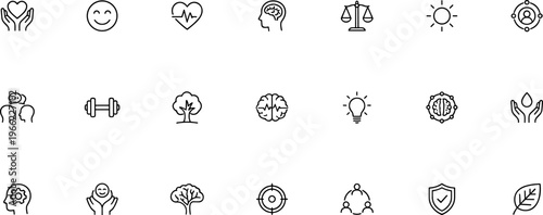 health and wellness line icon set with heart care brain balance smile community and lifestyle wellbeing symbols isolated on transparent background