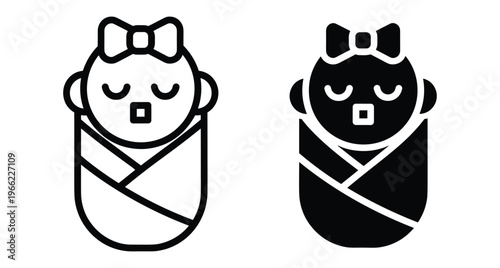 Sleeping newborn baby girl icon set in outline and solid black style wrapped in swaddle blanket with hair bow accessory