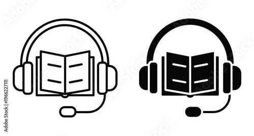 Audiobook icon set featuring open book with headphones and microphone for digital learning online education podcast and electronic library services
