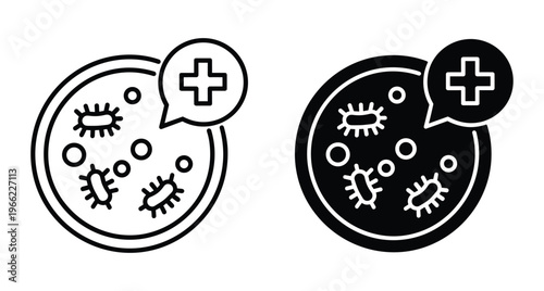 Petri dish with bacteria and medical cross icon set representing laboratory research microbiology testing healthcare science study and clinical analysis