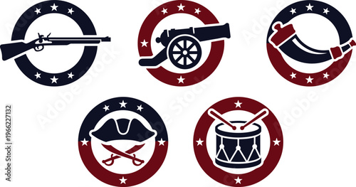 Five circular icons depicting historical military artifacts are arranged against a white background for patriotic design.