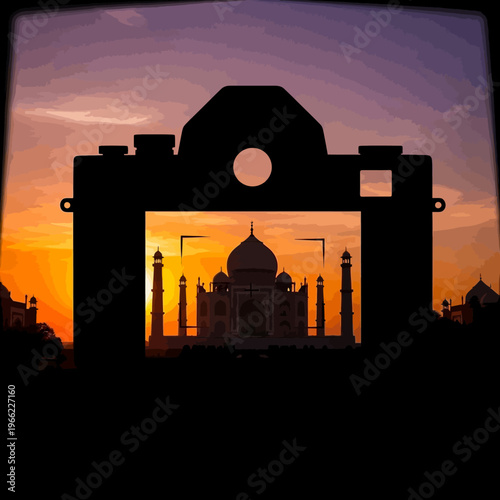 Silhouette of Taj Mahal framed by a vintage camera against a vibrant sunset.