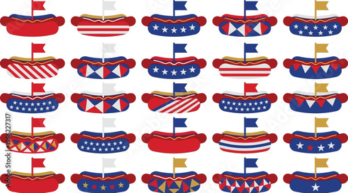 Numerous hot dog icons decorated with various red, white, and blue patriotic patterns are displayed in a repeating pattern.