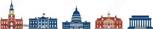 A collection of simplified American governmental building silhouettes forms a patriotic cityscape graphic element.