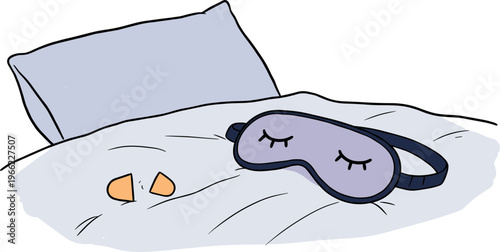 Sleeping mask and fortune cookie on a bed with a pillow in a cozy indoor setting on a white background in hand-drawn style