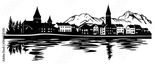 Old European town by the lake silhouette, historic city landscape with mountains and water reflection, black and white architecture vector