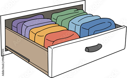 Colorful cloths neatly arranged in a white drawer, showcasing a hand drawn style design with an open view on a transparent background.
