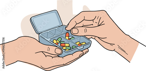 Two hands holding a weekly pill organizer with colorful capsules and tablets in a bright, hand-drawn style on a transparent background