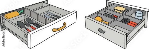 Two kitchen drawers with utensils and tools, one containing spoons, and the other with a variety of tools on a transparent background.