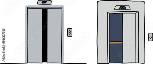 Two hand drawn style elevator doors, one closed and one slightly open, isolated on a transparent background, showcasing different designs and colors.
